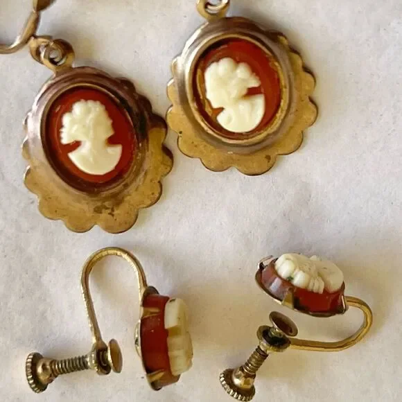 Vintage Celluloid Cameo Screw Back Copper Alloy Earrings - Picture 13 of 16